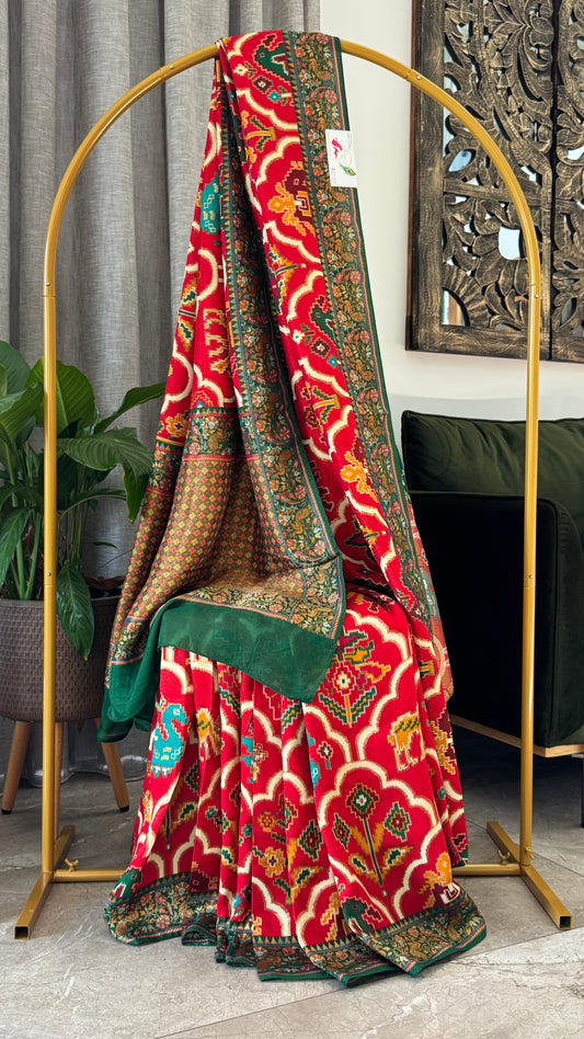 A Kashmiri Pashmina Banarasi Handwoven Sarees with Patola prints - Red with Green
