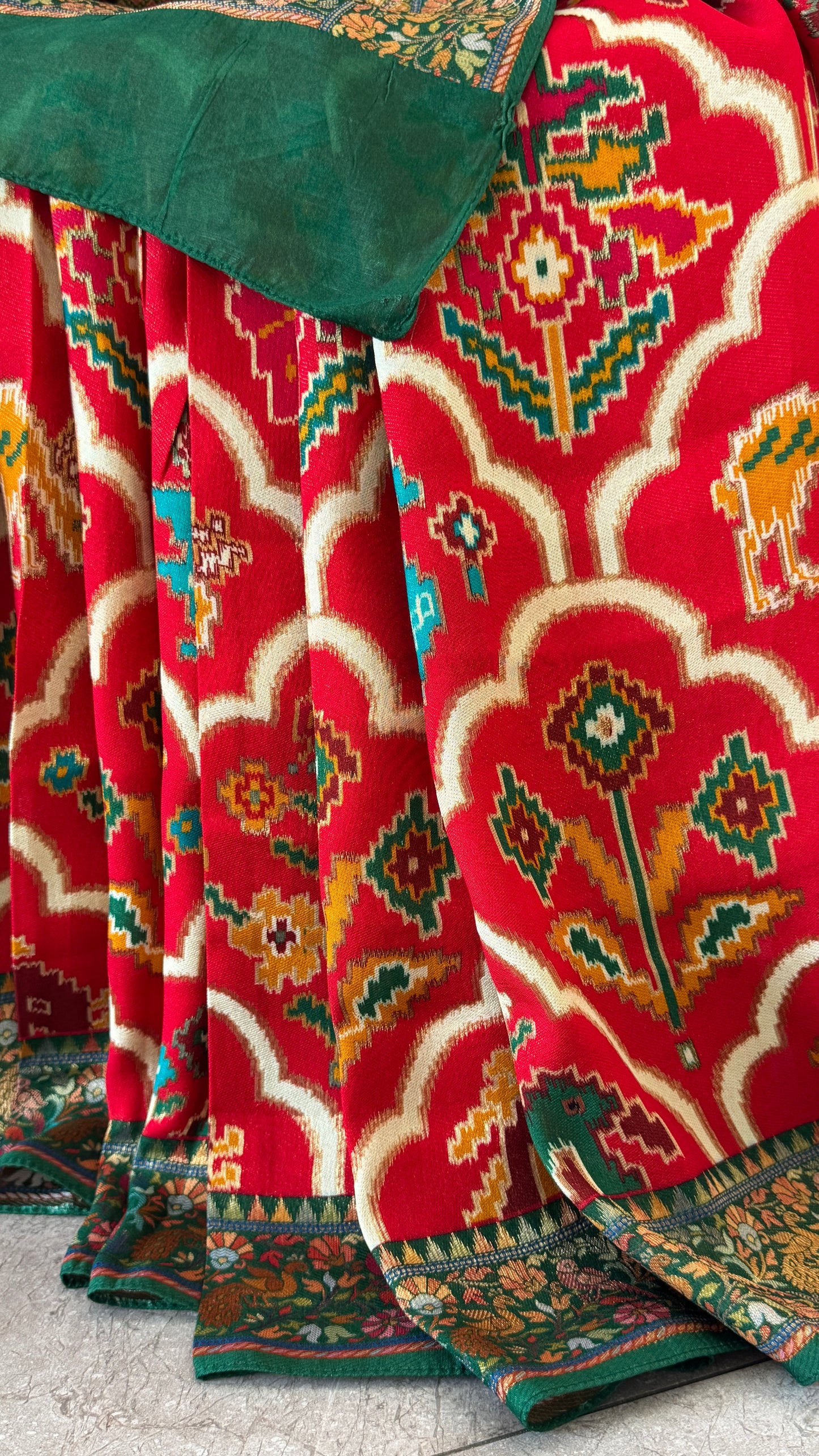 A Kashmiri Pashmina Banarasi Handwoven Sarees with Patola prints - Red with Green