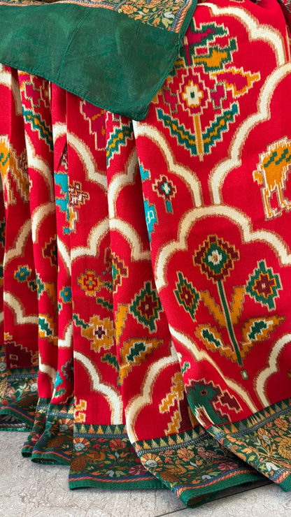 A Kashmiri Pashmina Banarasi Handwoven Sarees with Patola prints - Red with Green