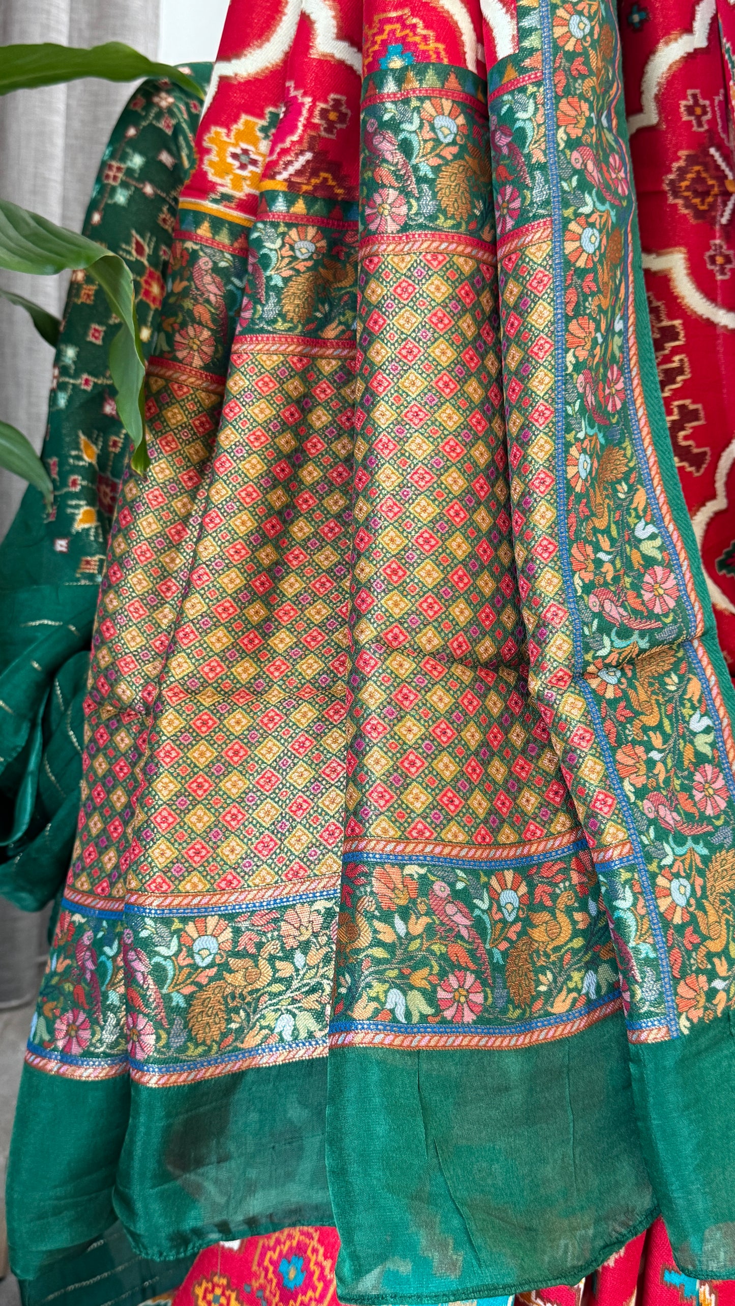 A Kashmiri Pashmina Banarasi Handwoven Sarees with Patola prints - Red with Green