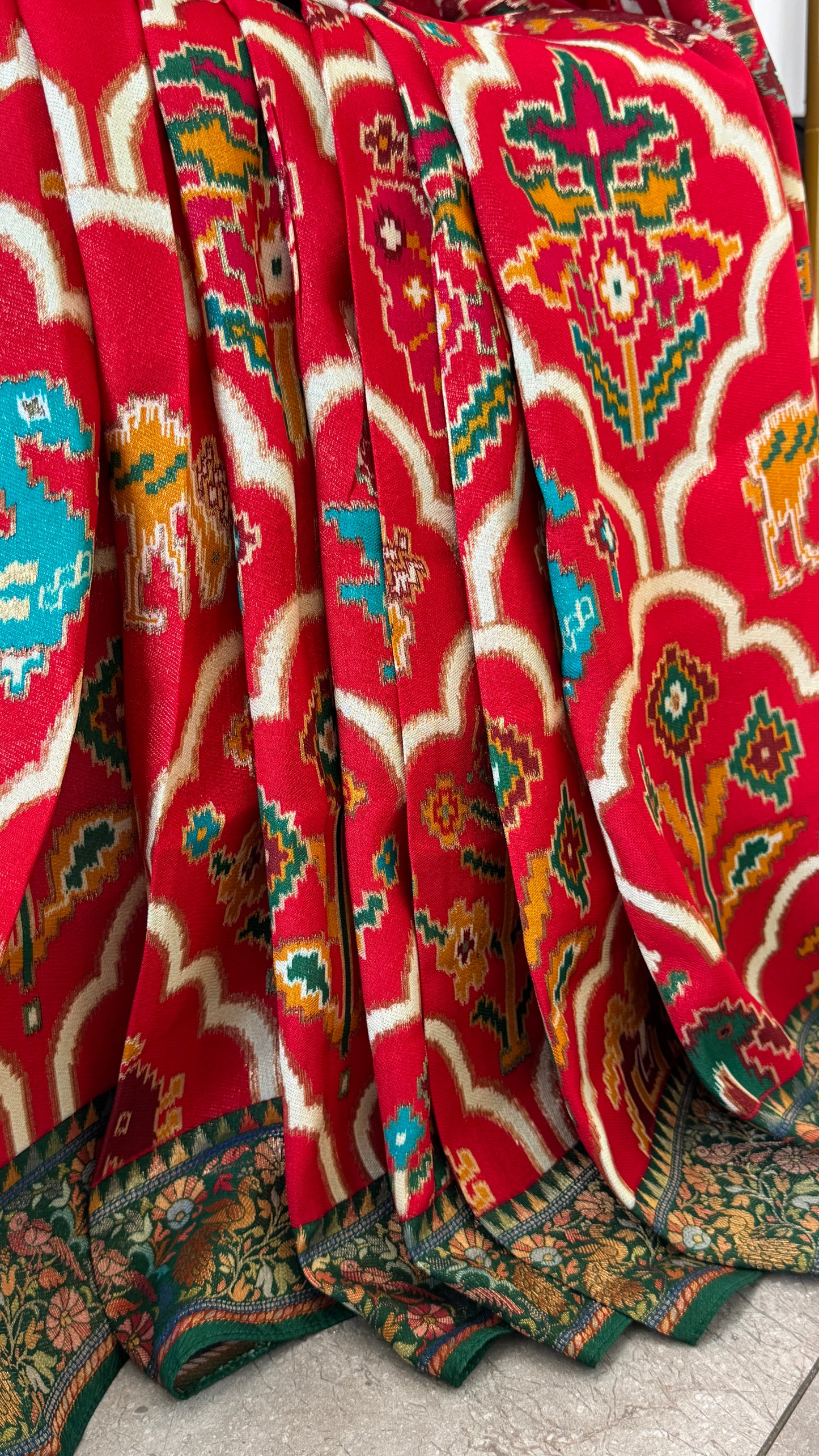 A Kashmiri Pashmina Banarasi Handwoven Sarees with Patola prints - Red with Green