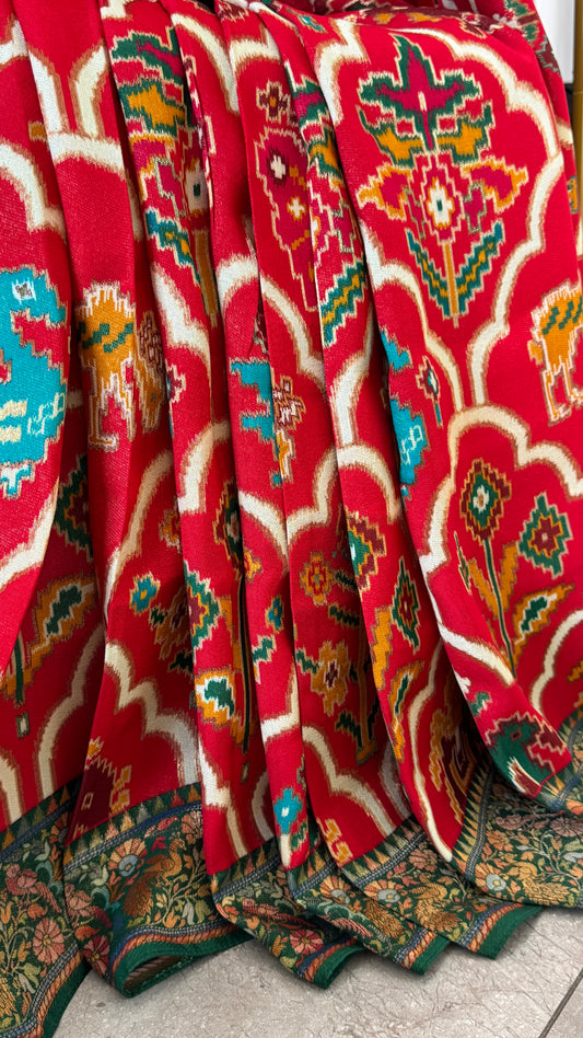 A Kashmiri Pashmina Banarasi Handwoven Sarees with Patola prints - Red with Green
