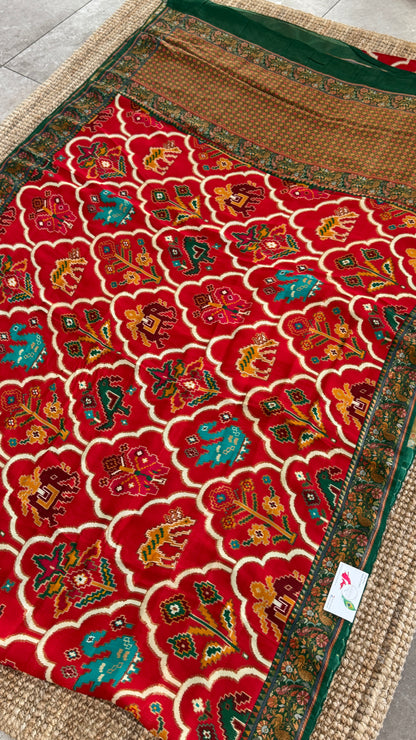A Kashmiri Pashmina Banarasi Handwoven Sarees with Patola prints - Red with Green