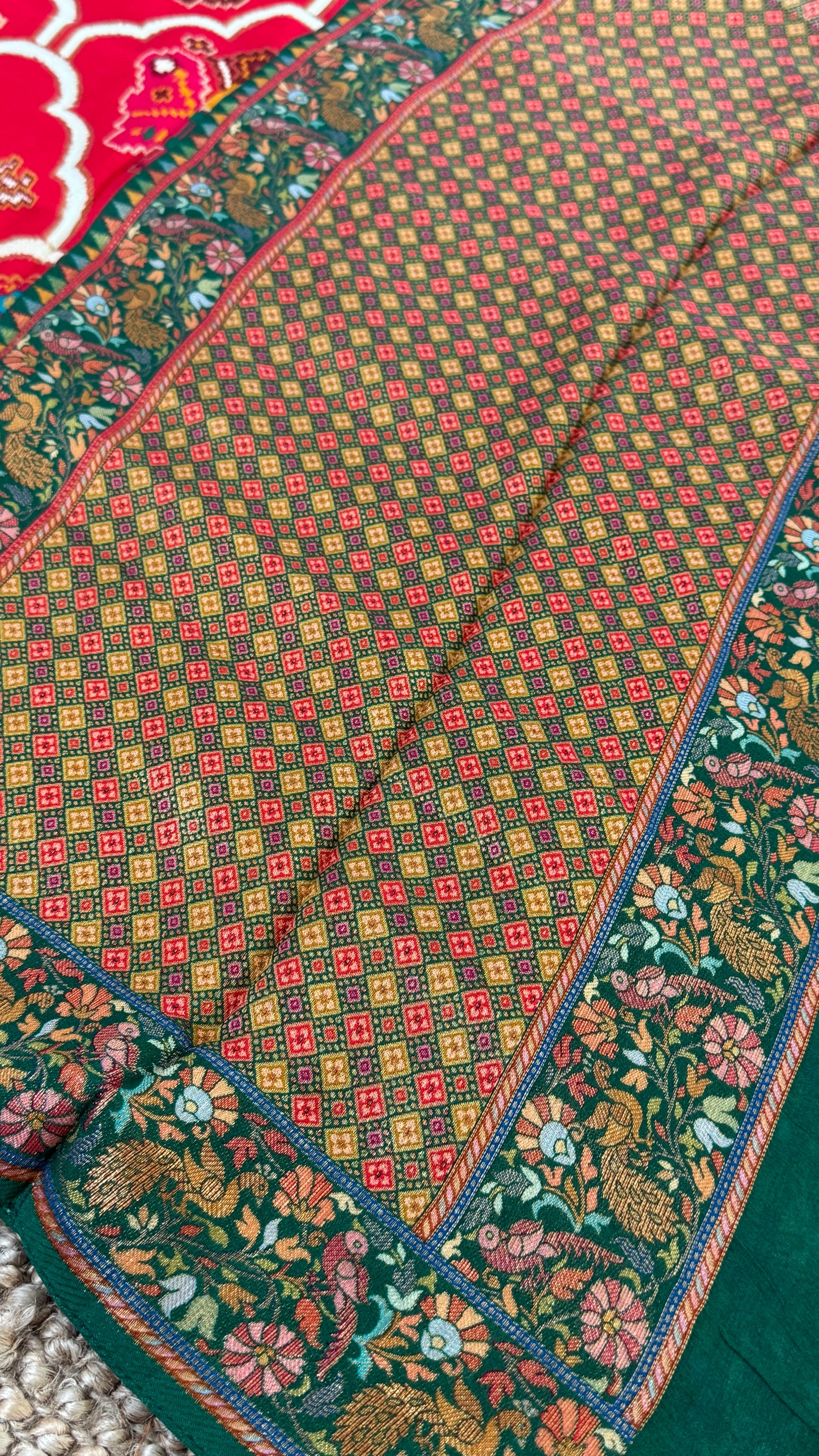 A Kashmiri Pashmina Banarasi Handwoven Sarees with Patola prints - Red with Green