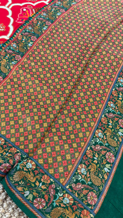 A Kashmiri Pashmina Banarasi Handwoven Sarees with Patola prints - Red with Green