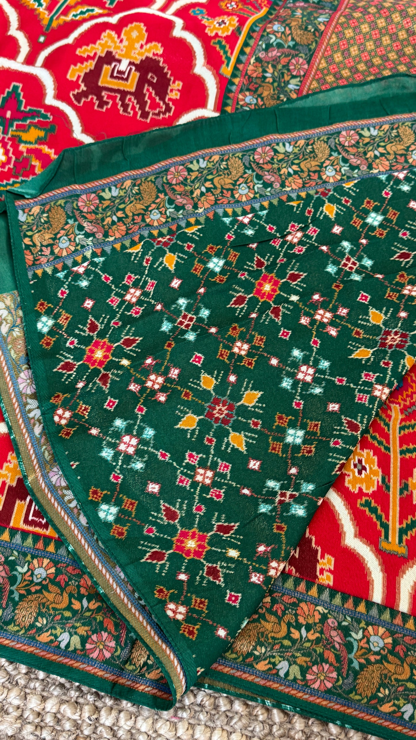 A Kashmiri Pashmina Banarasi Handwoven Sarees with Patola prints - Red with Green