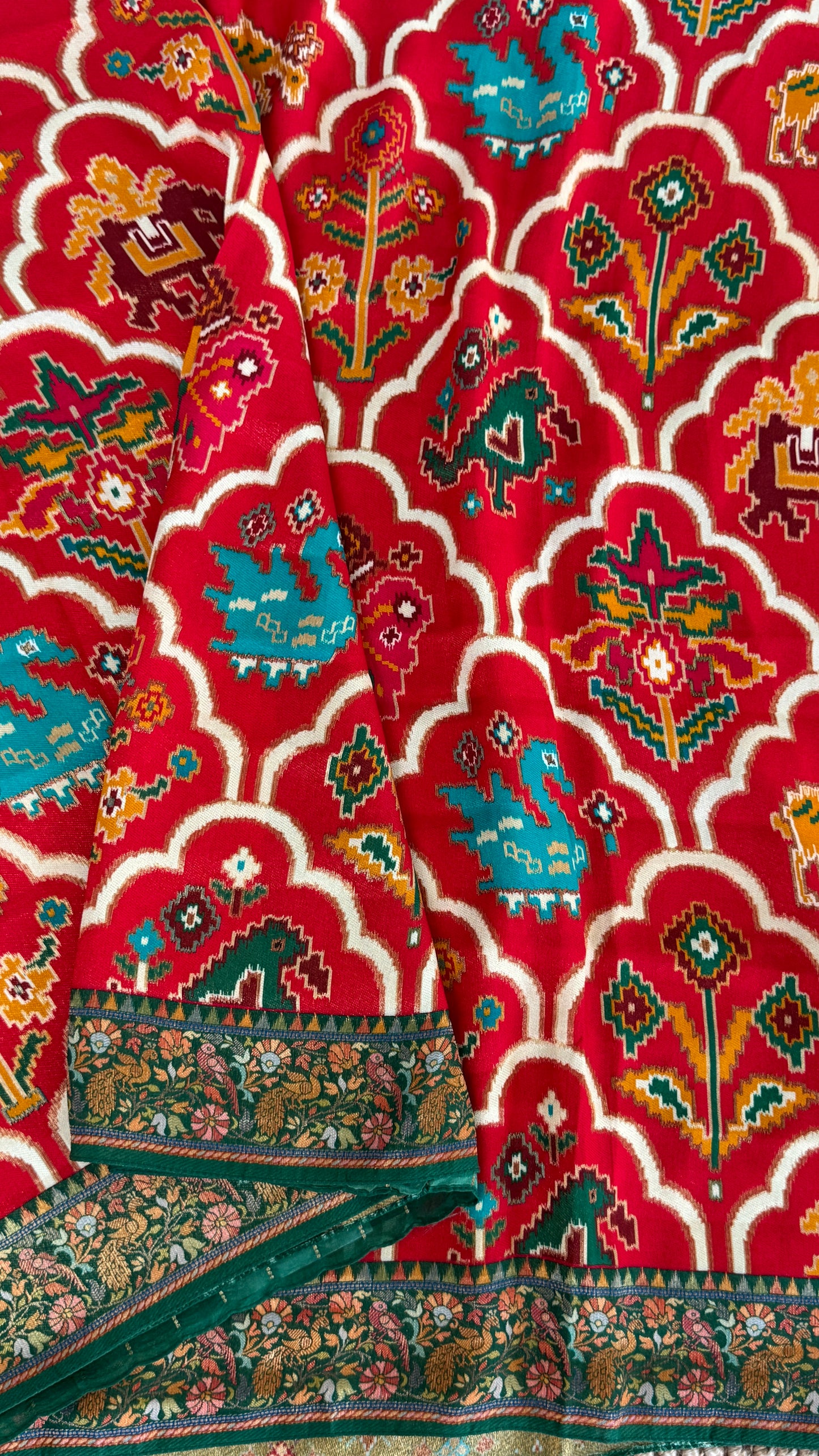 A Kashmiri Pashmina Banarasi Handwoven Sarees with Patola prints - Red with Green