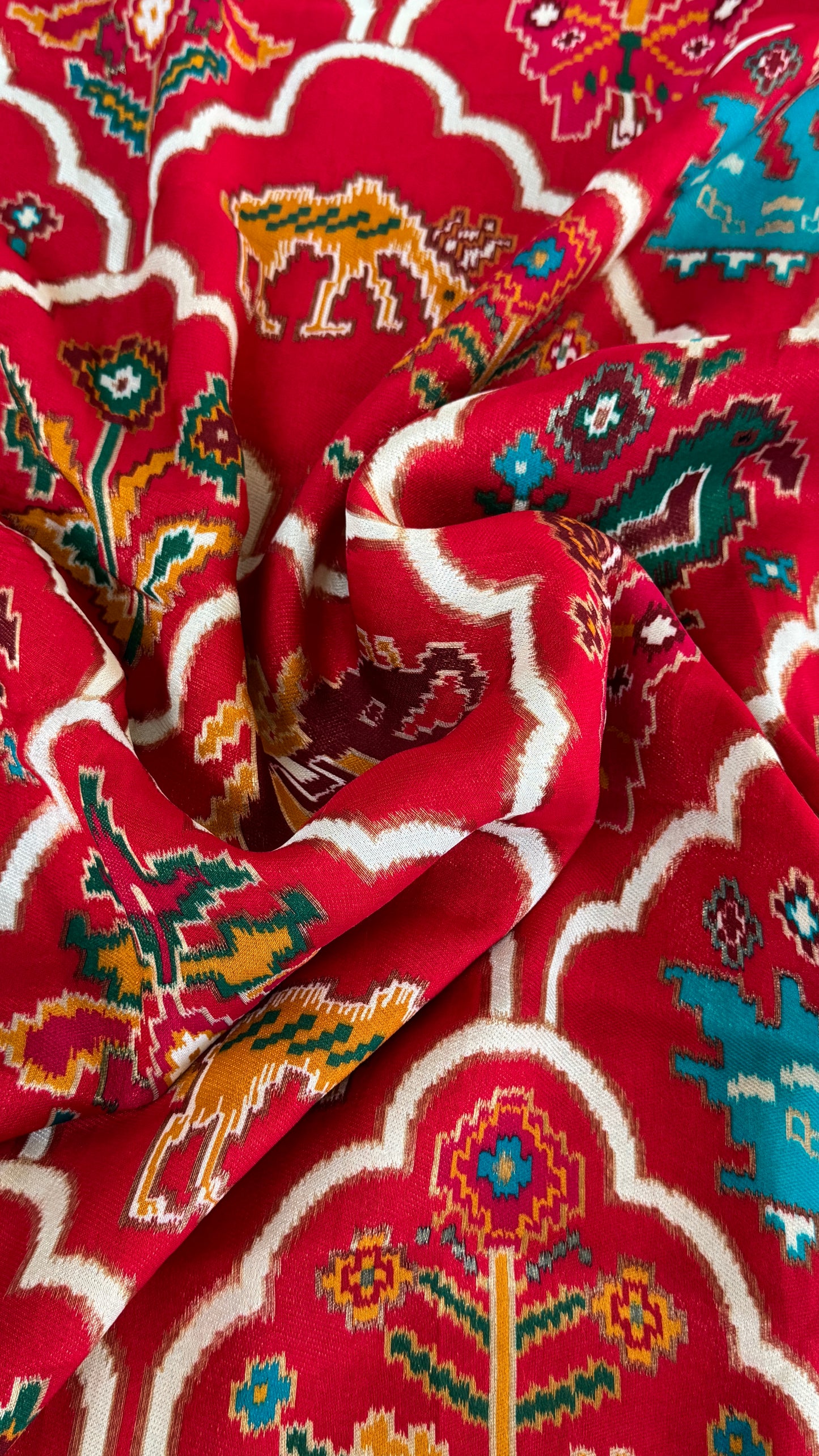 A Kashmiri Pashmina Banarasi Handwoven Sarees with Patola prints - Red with Green