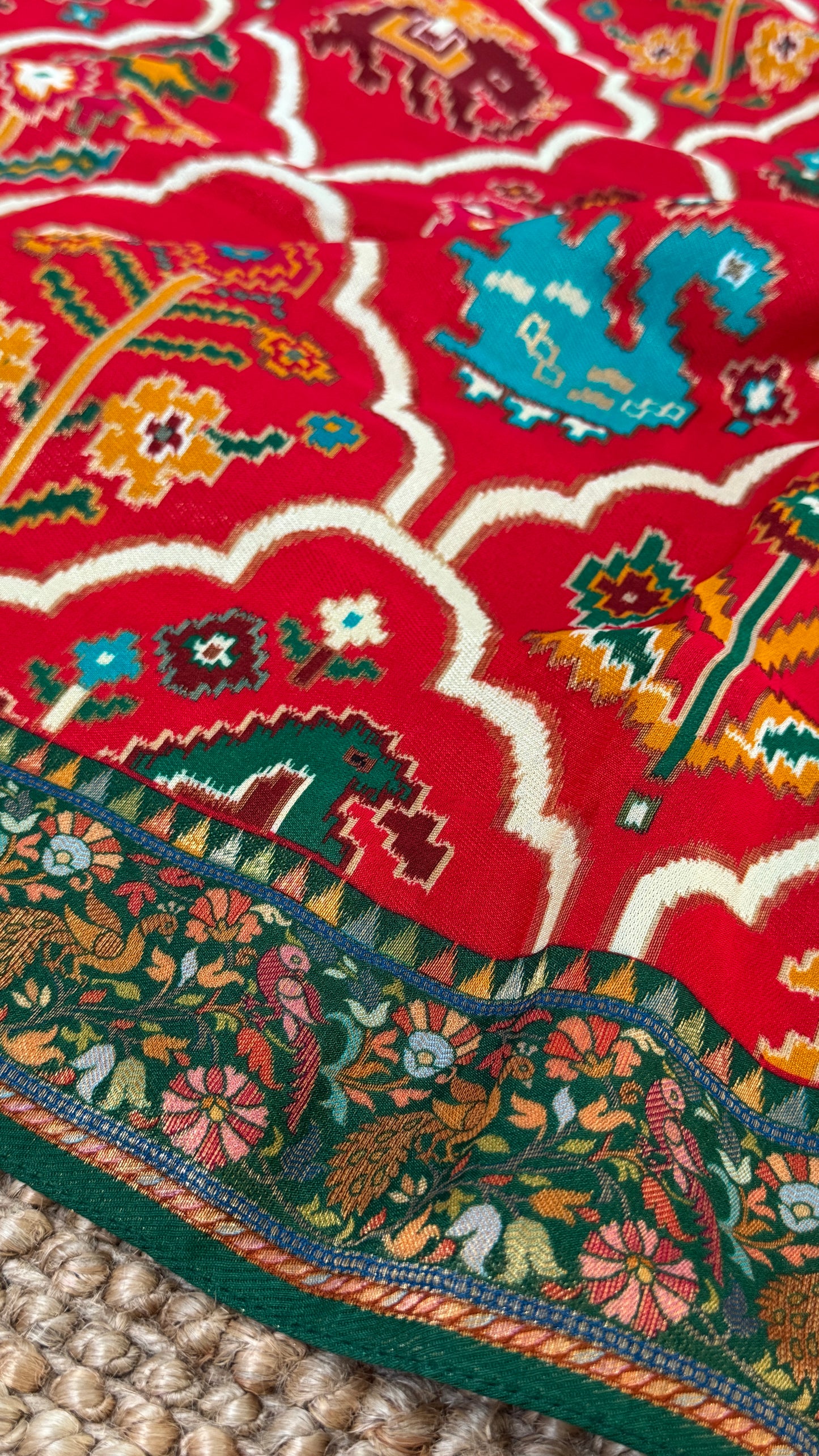 A Kashmiri Pashmina Banarasi Handwoven Sarees with Patola prints - Red with Green