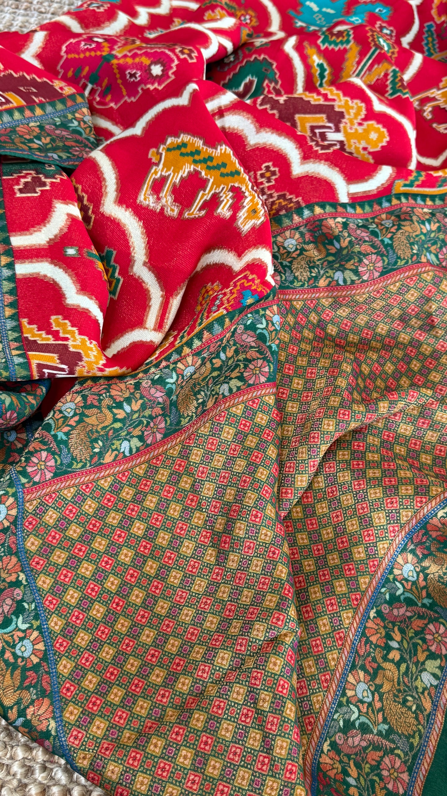 A Kashmiri Pashmina Banarasi Handwoven Sarees with Patola prints - Red with Green