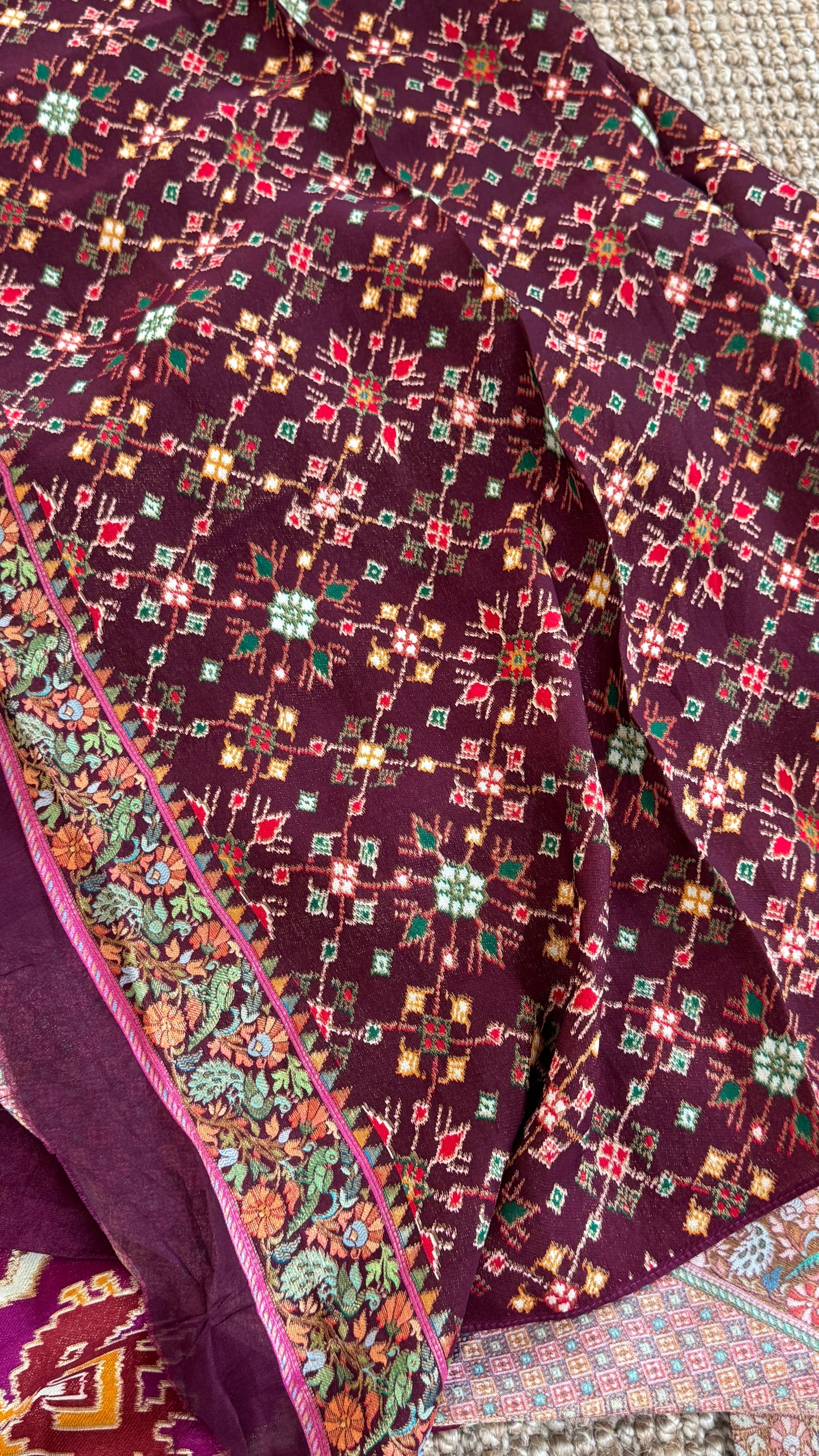 A Kashmiri Pashmina Banarasi Handwoven Sarees with Patola prints - Wine