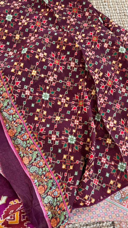A Kashmiri Pashmina Banarasi Handwoven Sarees with Patola prints - Wine