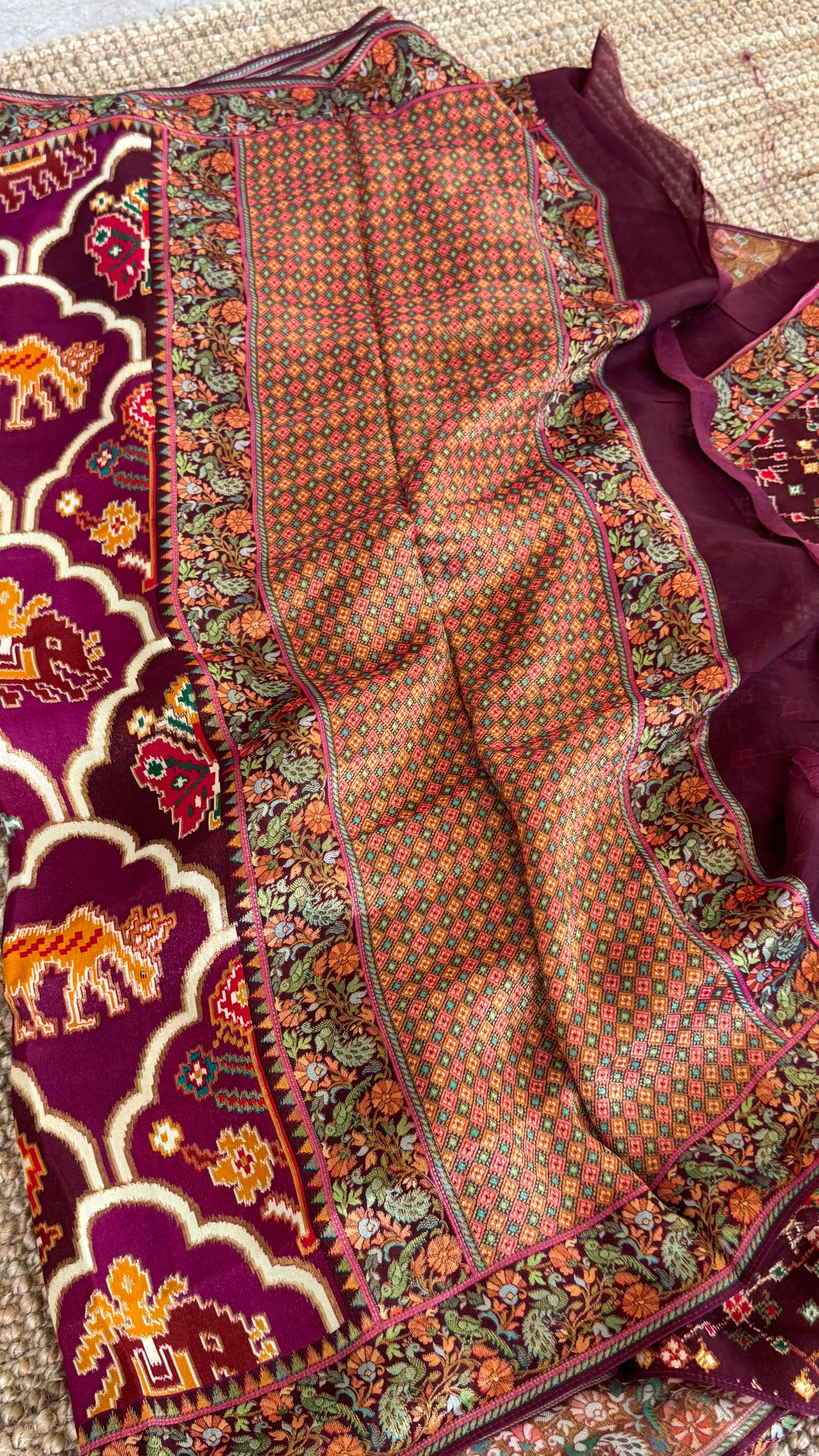 A Kashmiri Pashmina Banarasi Handwoven Sarees with Patola prints - Wine