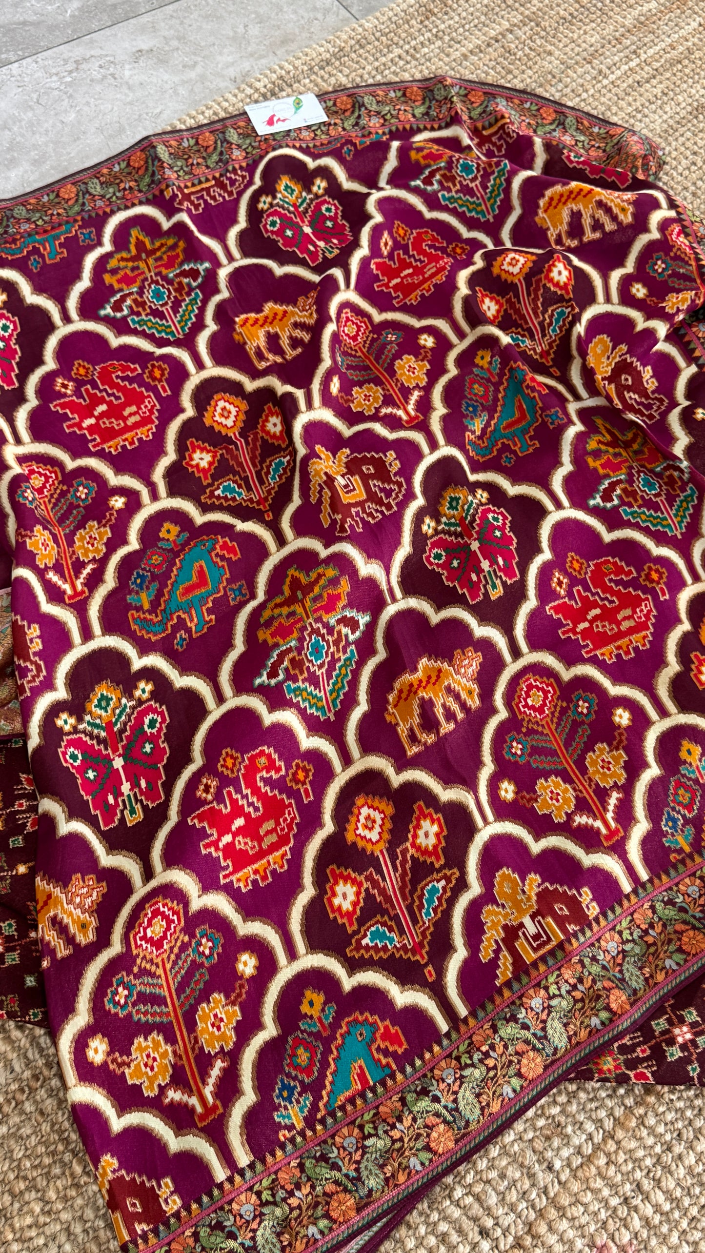 A Kashmiri Pashmina Banarasi Handwoven Sarees with Patola prints - Wine