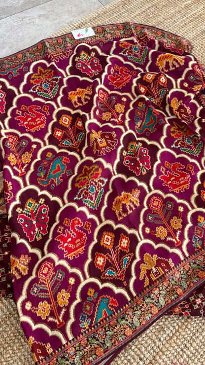 A Kashmiri Pashmina Banarasi Handwoven Sarees with Patola prints - Wine