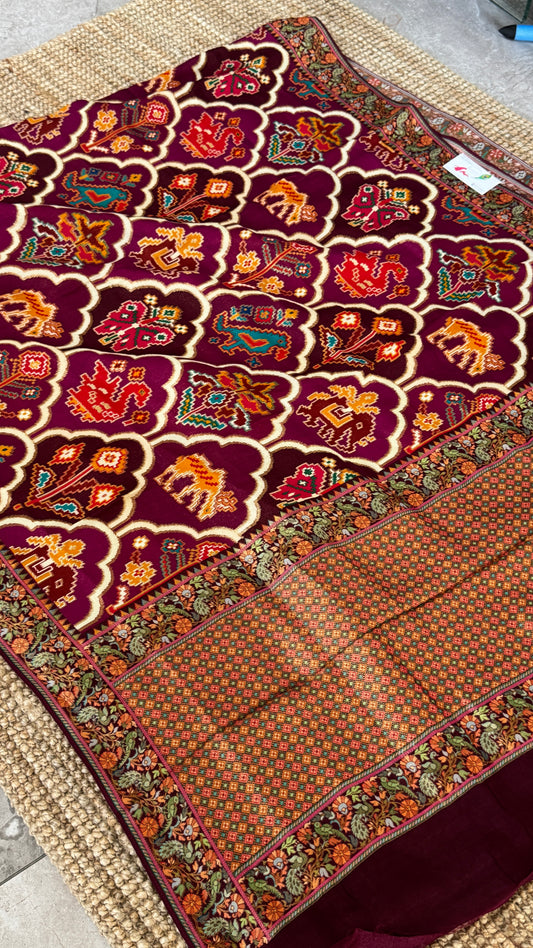 A Kashmiri Pashmina Banarasi Handwoven Sarees with Patola prints - Wine