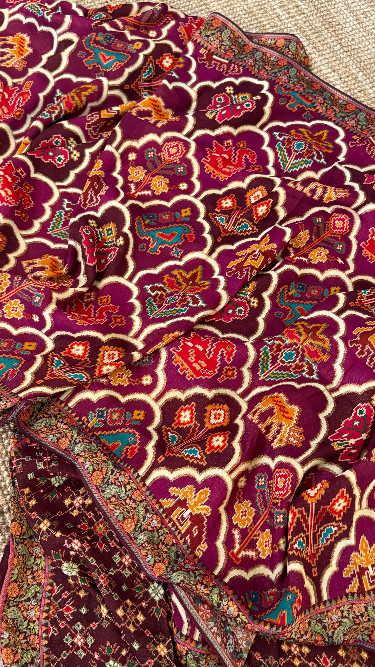 A Kashmiri Pashmina Banarasi Handwoven Sarees with Patola prints - Wine
