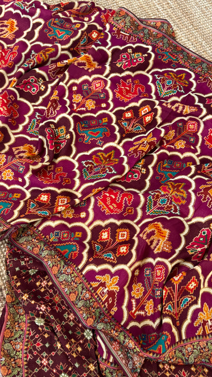 A Kashmiri Pashmina Banarasi Handwoven Sarees with Patola prints - Wine