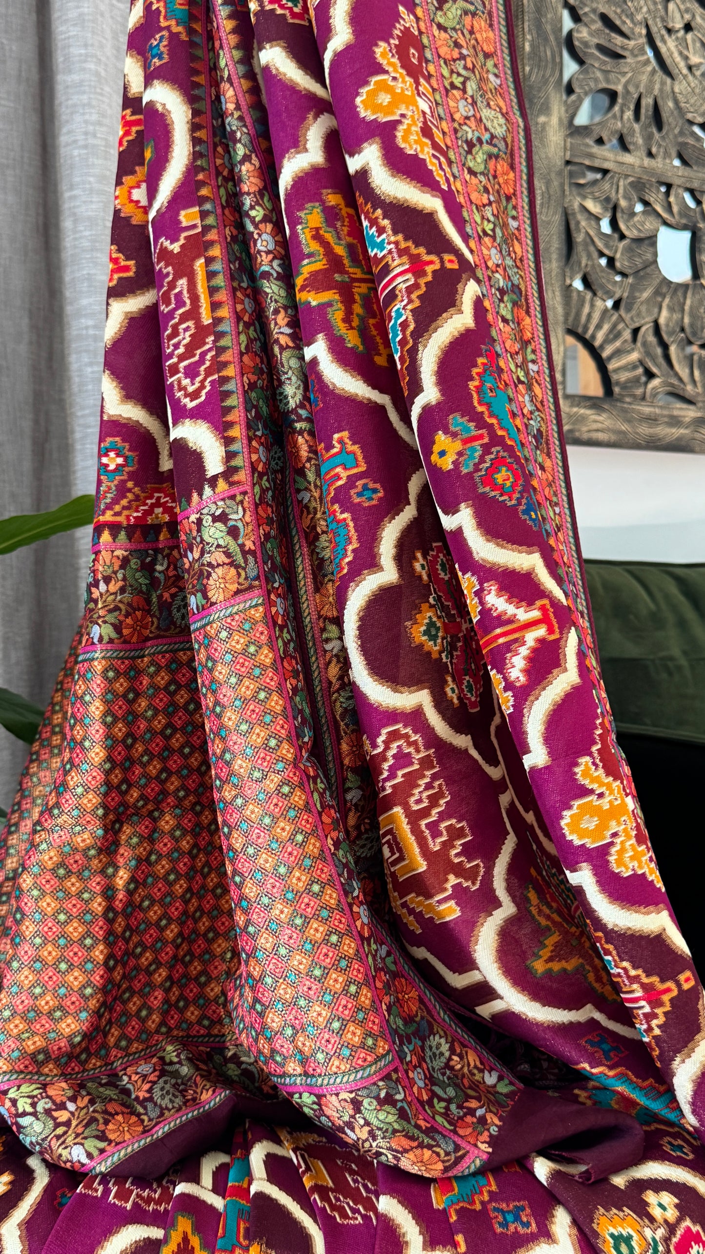 A Kashmiri Pashmina Banarasi Handwoven Sarees with Patola prints - Wine