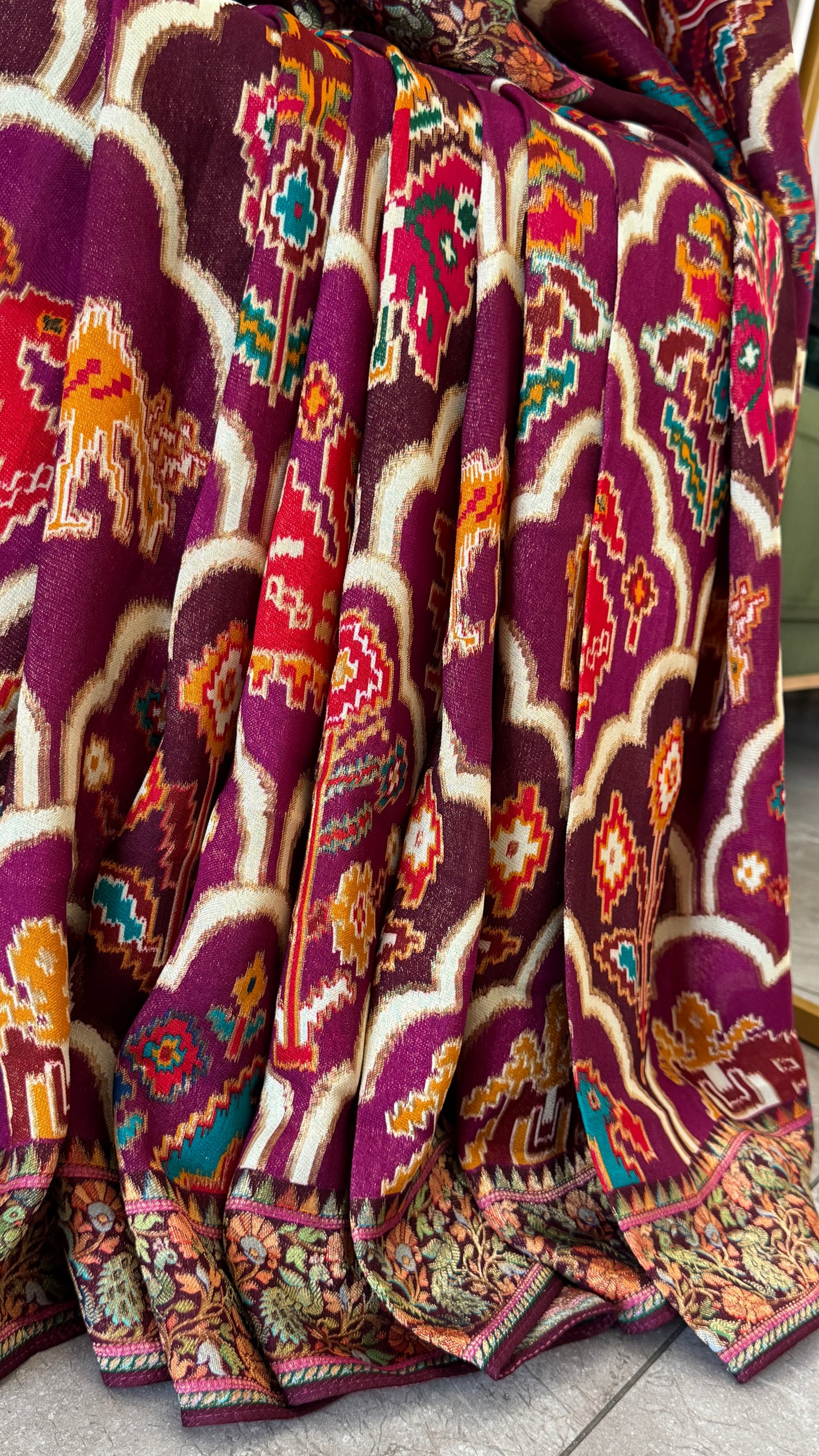 A Kashmiri Pashmina Banarasi Handwoven Sarees with Patola prints - Wine