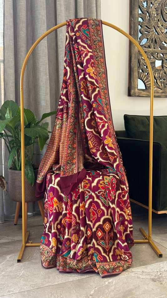 A Kashmiri Pashmina Banarasi Handwoven Sarees with Patola prints - Wine