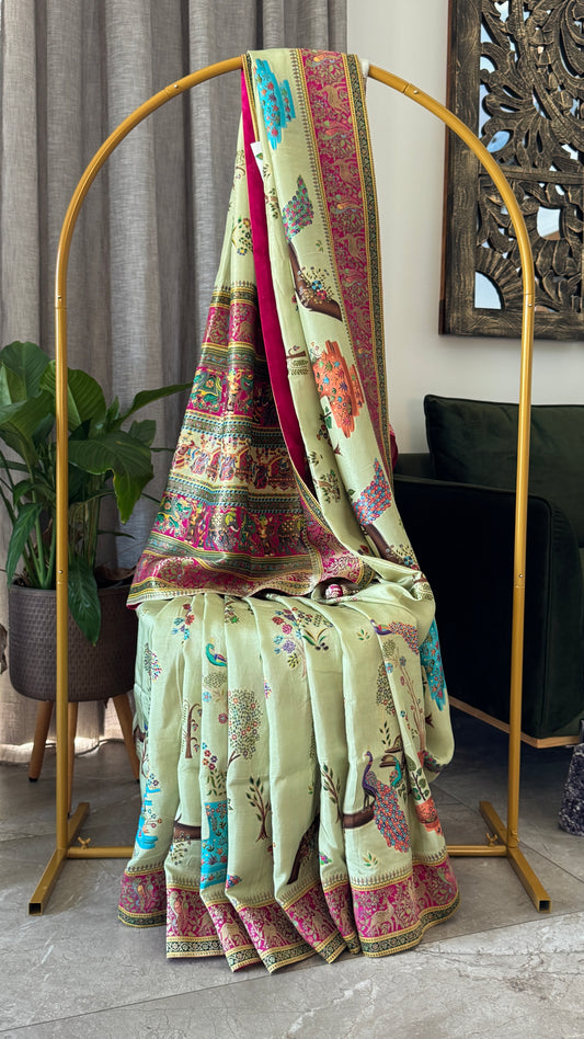 A Kashmiri Pashmina Banarasi Handwoven Storytelling Sarees on Munga Silk - Baby Green