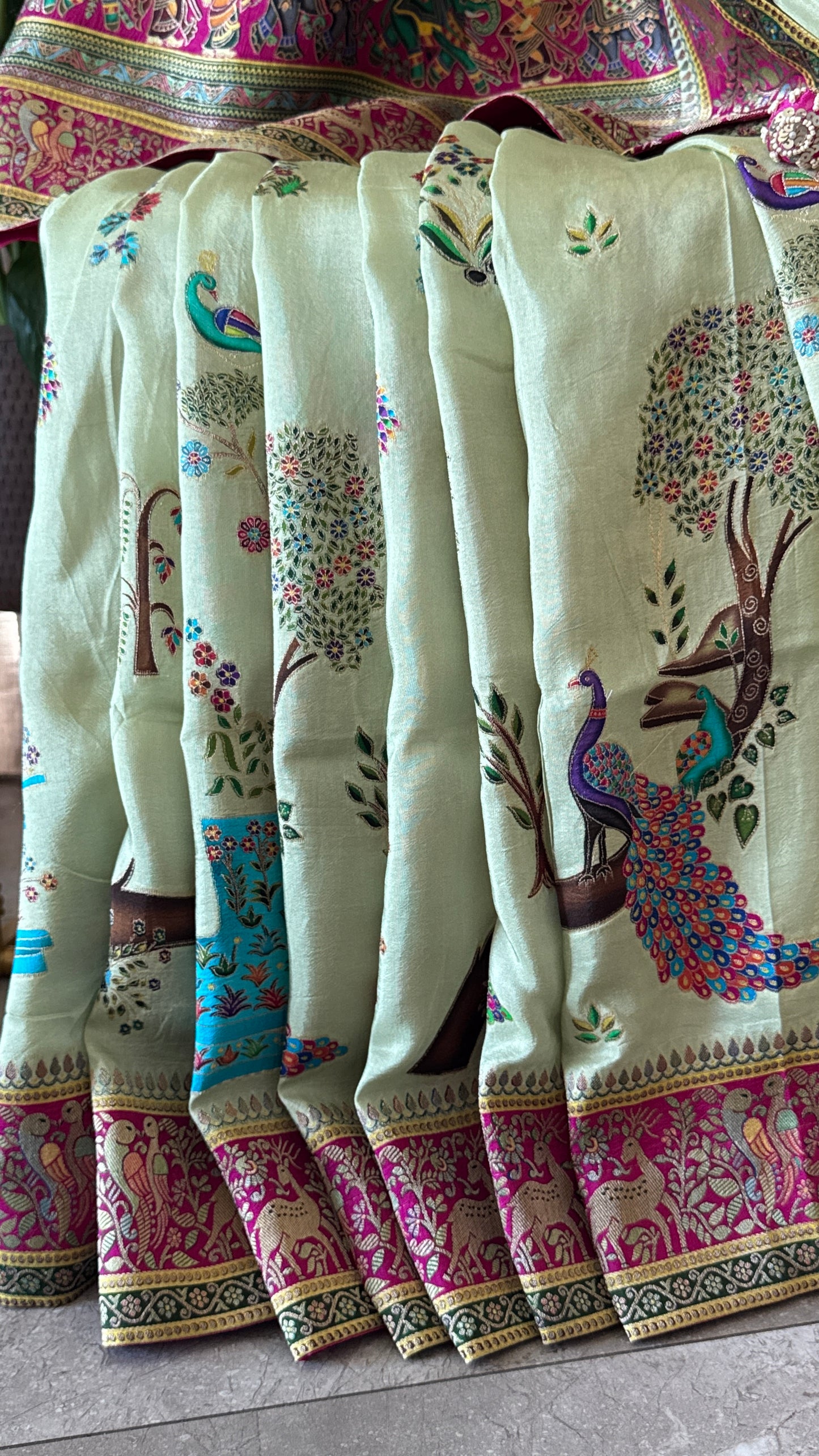 A Kashmiri Pashmina Banarasi Handwoven Storytelling Sarees on Munga Silk - Baby Green