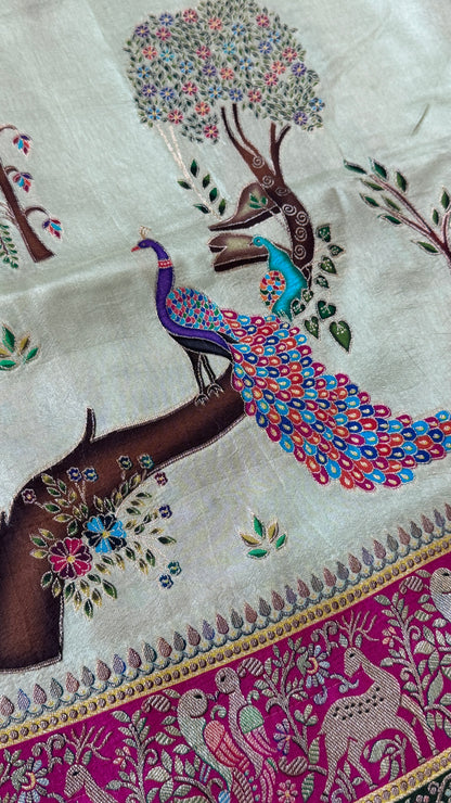 A Kashmiri Pashmina Banarasi Handwoven Storytelling Sarees on Munga Silk - Baby Green