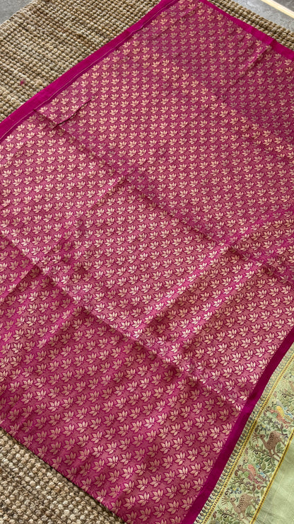 A Kashmiri Pashmina Banarasi Handwoven Storytelling Sarees on Munga Silk - Baby Green