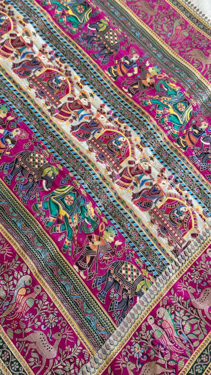 A Kashmiri Pashmina Banarasi Handwoven Storytelling Sarees on Munga Silk - Baby Green