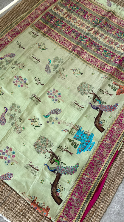 A Kashmiri Pashmina Banarasi Handwoven Storytelling Sarees on Munga Silk - Baby Green