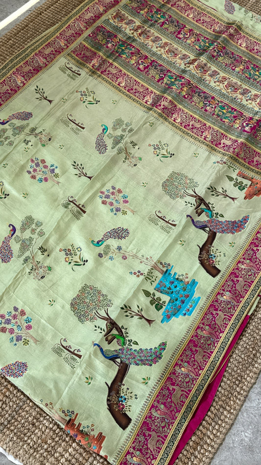 A Kashmiri Pashmina Banarasi Handwoven Storytelling Sarees on Munga Silk - Baby Green