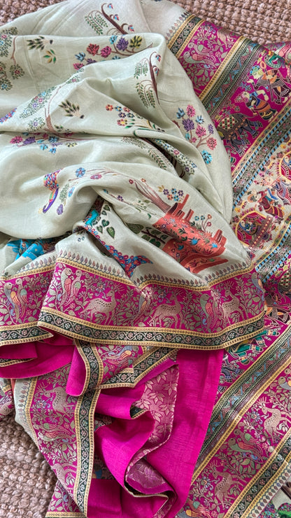 A Kashmiri Pashmina Banarasi Handwoven Storytelling Sarees on Munga Silk - Baby Green