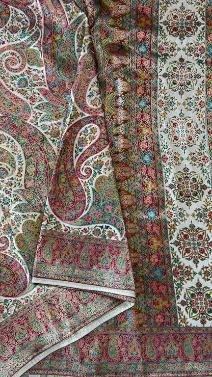 A Kashmiri Pashmina Banarasi Handwoven Floral Sarees - Half White