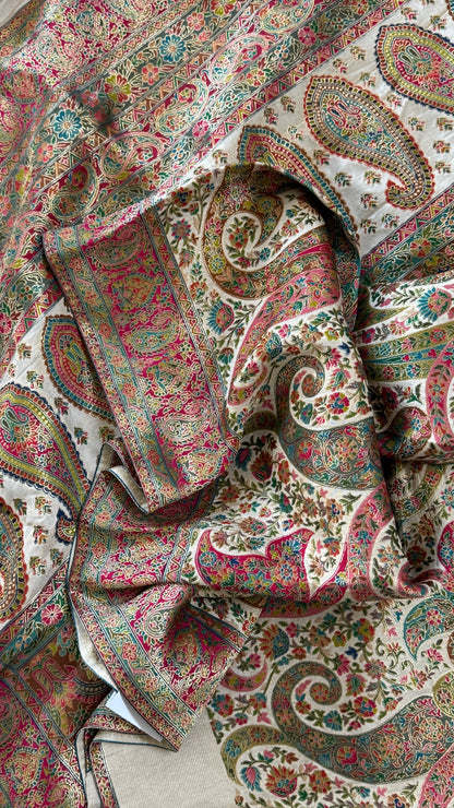 A Kashmiri Pashmina Banarasi Handwoven Floral Sarees - Half White