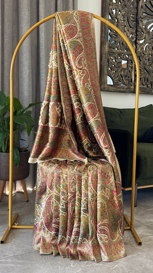 A Kashmiri Pashmina Banarasi Handwoven Floral Sarees - Half White