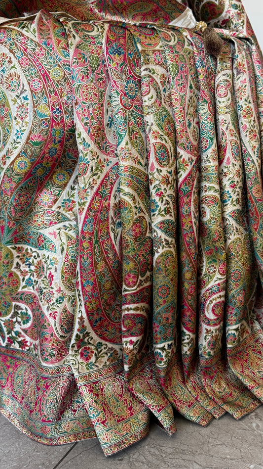 A Kashmiri Pashmina Banarasi Handwoven Floral Sarees - Half White
