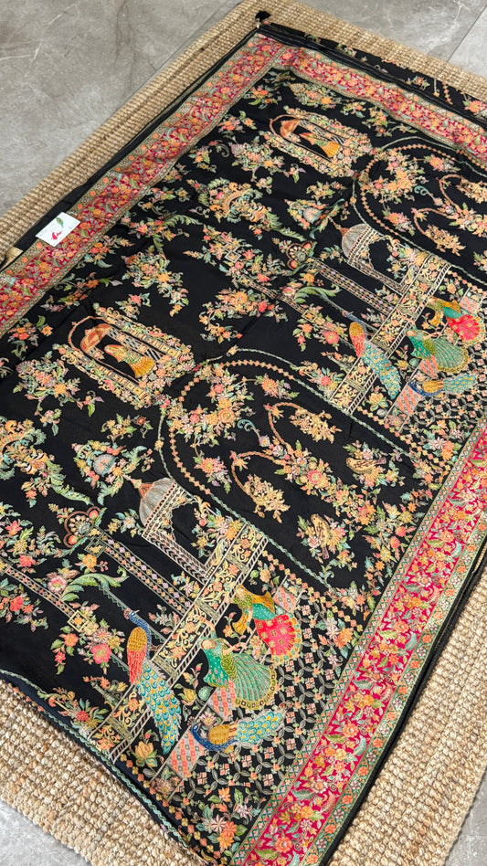 A Kashmiri Pashmina Banarasi Handwoven Storytelling Sarees - Black
