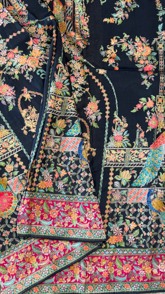 A Kashmiri Pashmina Banarasi Handwoven Storytelling Sarees - Black