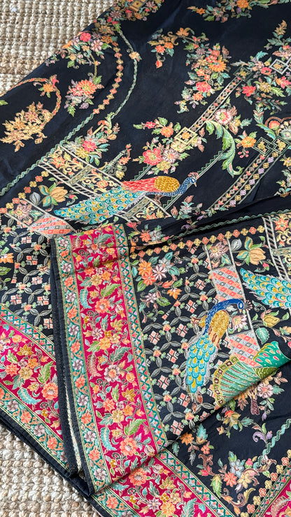 A Kashmiri Pashmina Banarasi Handwoven Storytelling Sarees - Black