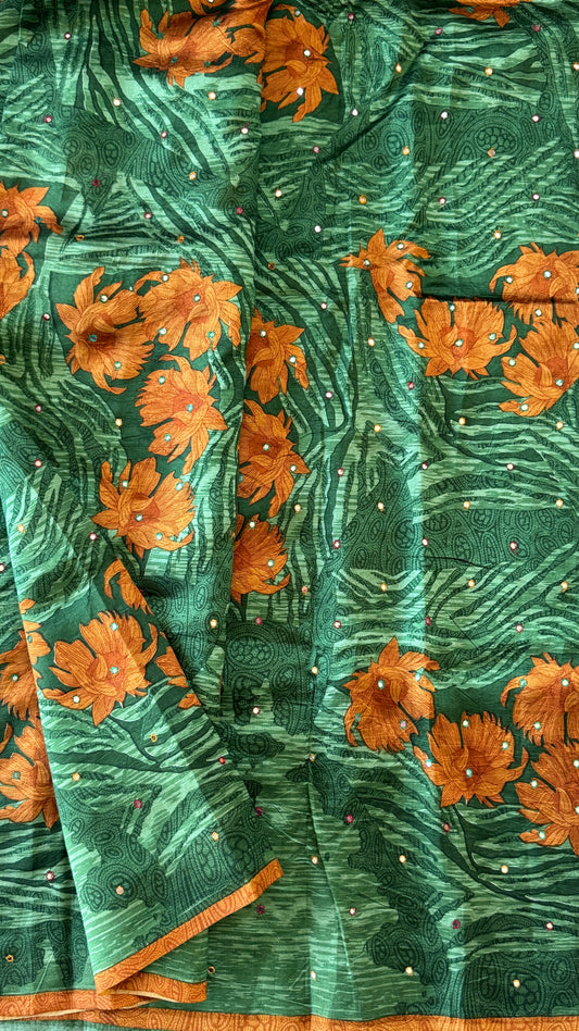 Mulberry silk saree - Batik Floral prints with Handwork - Green