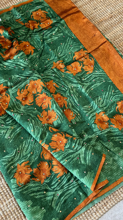 Mulberry silk saree - Batik Floral prints with Handwork - Green