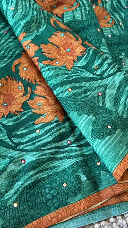 Mulberry silk saree - Batik Floral prints with Handwork - Green