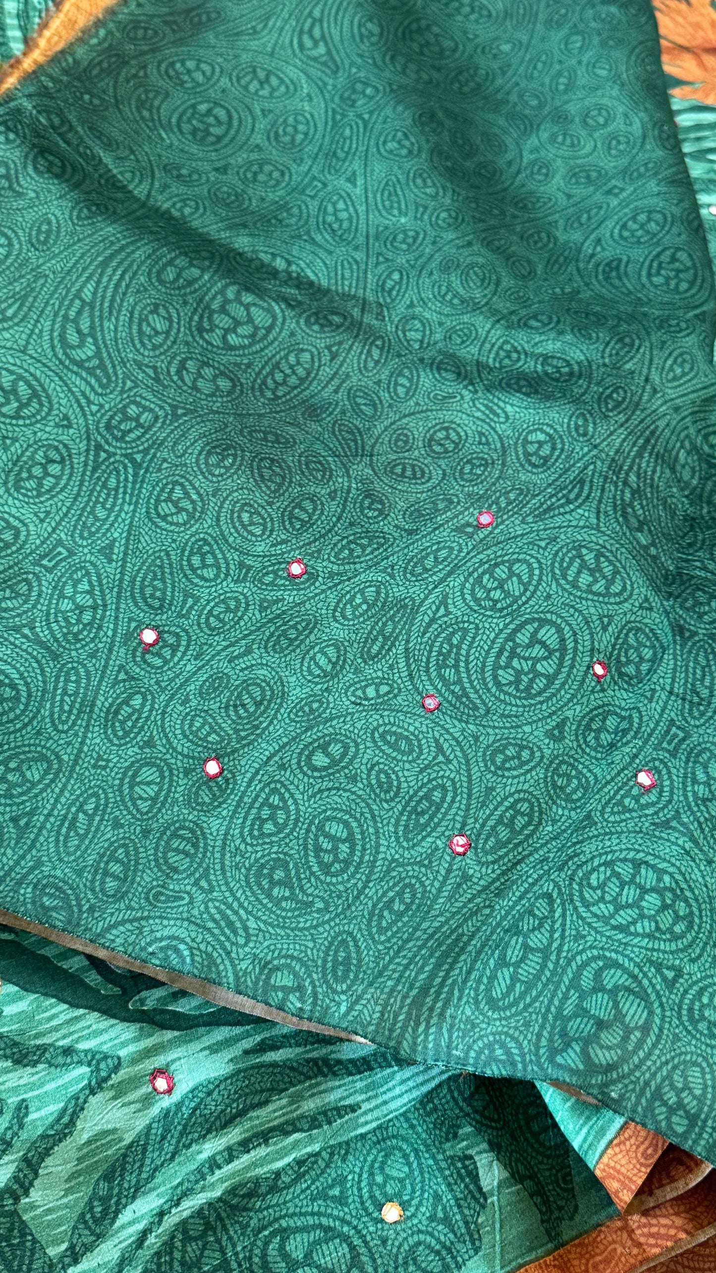 Mulberry silk saree - Batik Floral prints with Handwork - Green