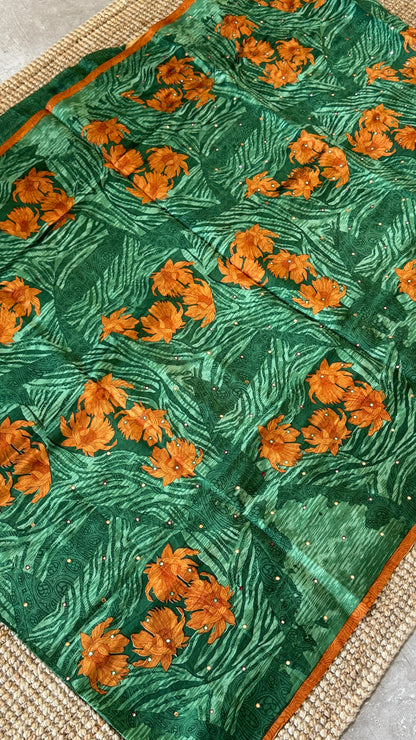 Mulberry silk saree - Batik Floral prints with Handwork - Green