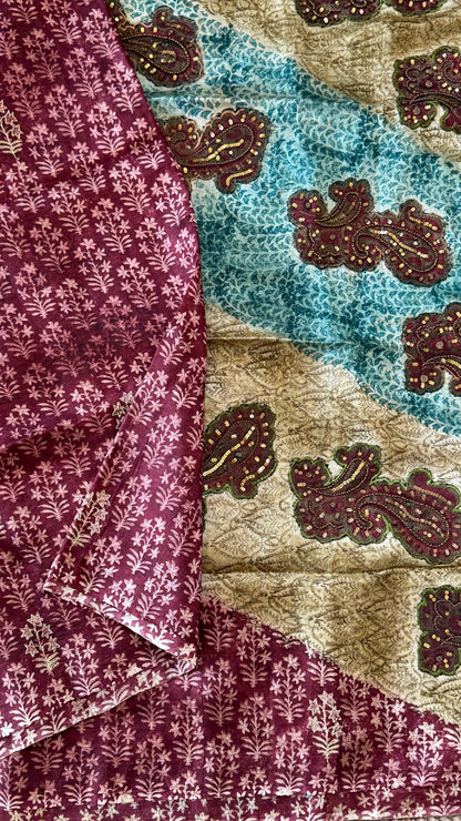 Mulberry silk saree – Partly Pallu concept - Ajrakh prints with Handwork - Green