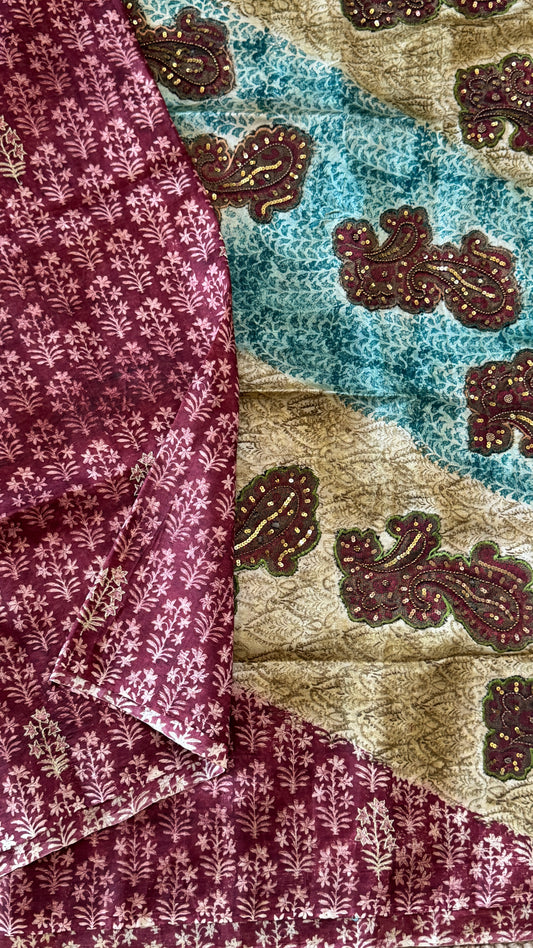 Mulberry silk saree – Partly Pallu concept - Ajrakh prints with Handwork - Green