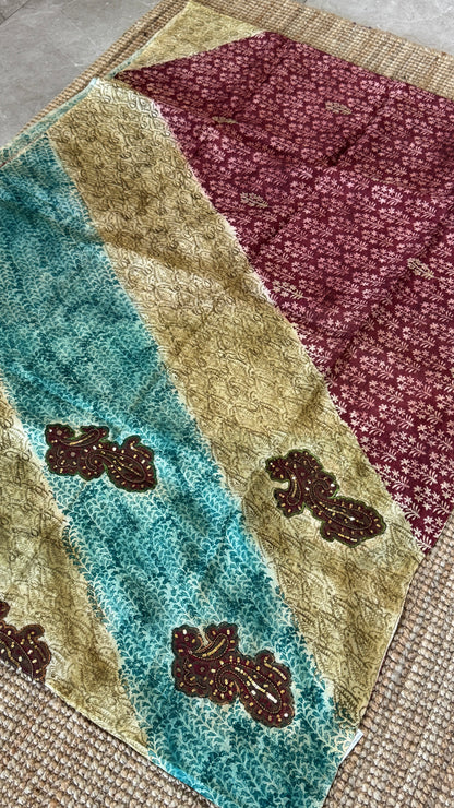 Mulberry silk saree – Partly Pallu concept - Ajrakh prints with Handwork - Green