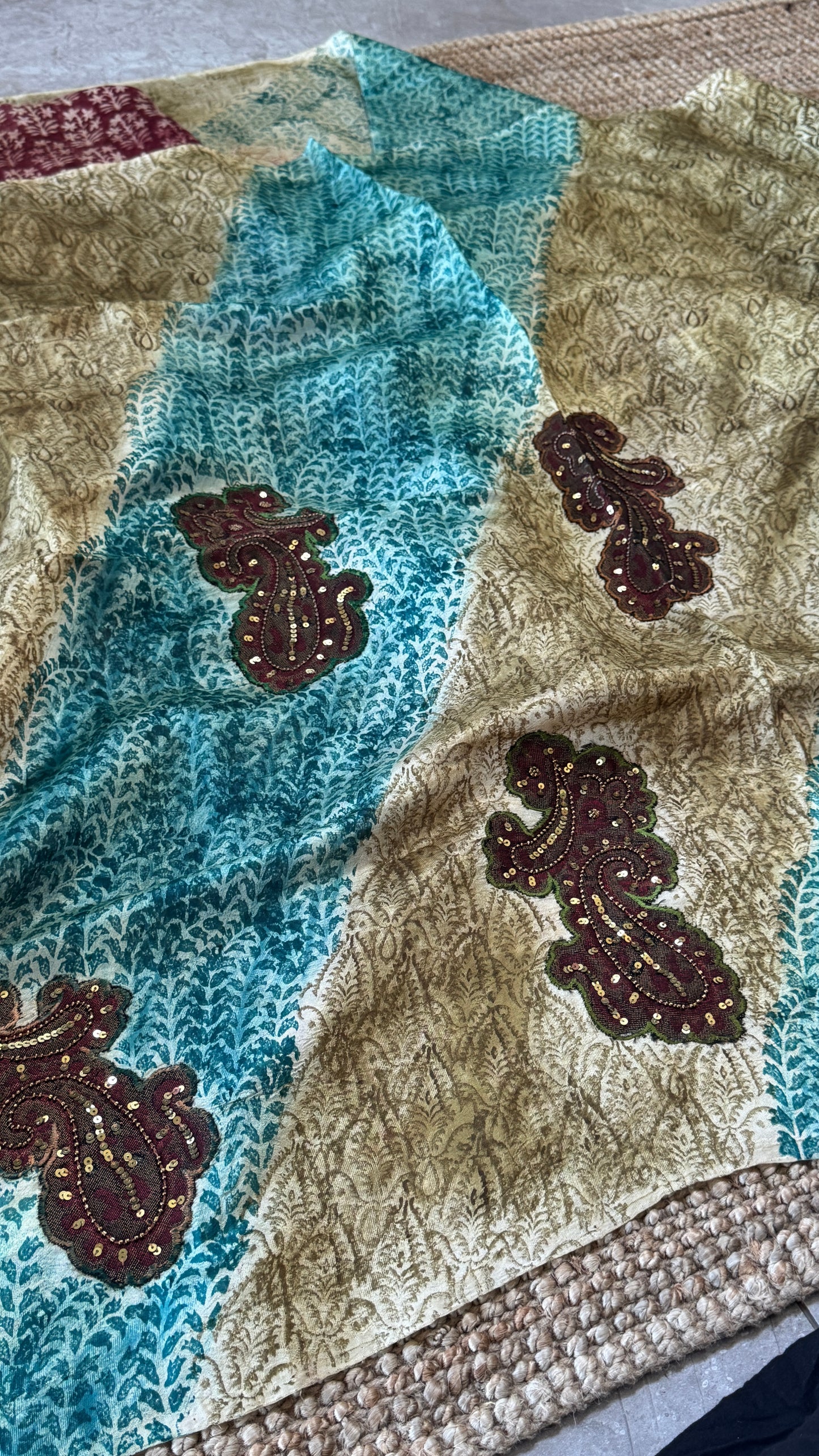 Mulberry silk saree – Partly Pallu concept - Ajrakh prints with Handwork - Green