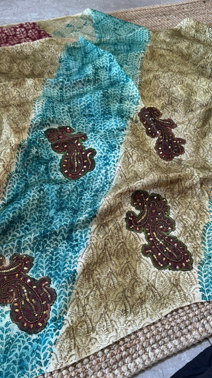 Mulberry silk saree – Partly Pallu concept - Ajrakh prints with Handwork - Green